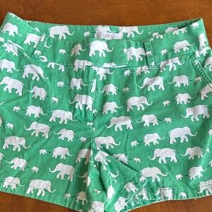LOFT Green and White Elephant Patterned Shorts